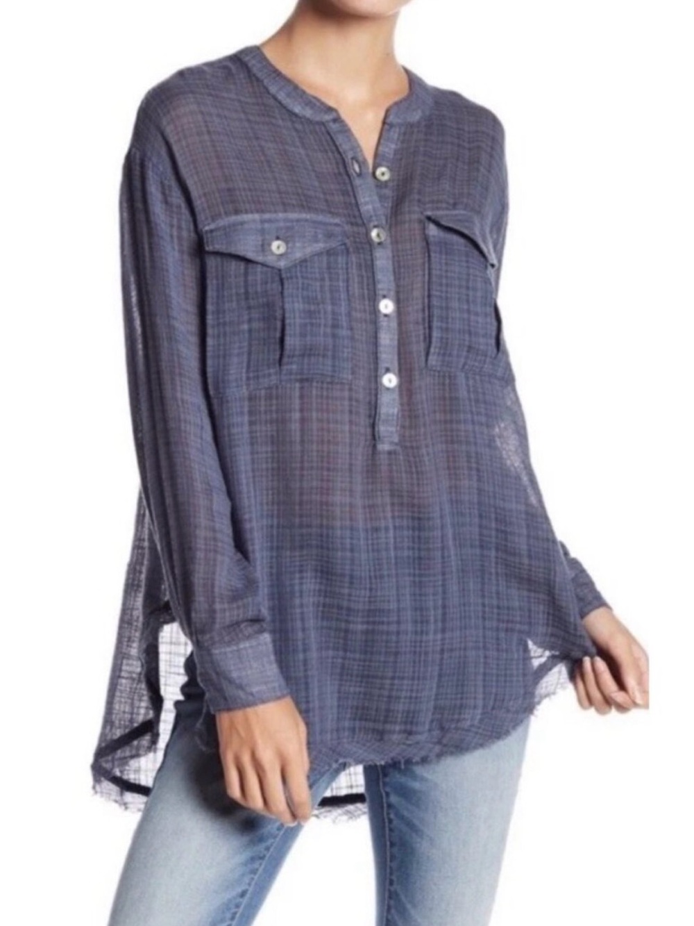Free People Women’s “Talk to Me” Shirt Gauze Sheer Blue Plaid Henley Tunic